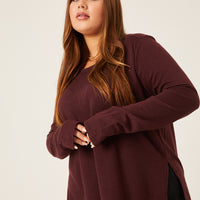 Curve Knit Flowy Long Sleeve Tee Plus Size Tops Burgundy 1XL -2020AVE
