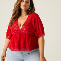 Curve Lace Trim Blouse Plus Size Tops Red 1XL -2020AVE