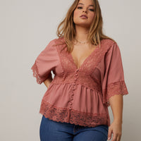 Curve Lace Trim Blouse Plus Size Tops Mauve 1XL -2020AVE