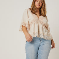 Curve Lace Trim Blouse Plus Size Tops Taupe 1XL -2020AVE