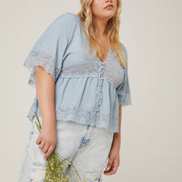 Curve Lace Trim Blouse Plus Size Tops Light Blue 1XL -2020AVE