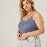 Curve Lace Trim Knit Bodysuit Plus Size Tops Blue 1XL -2020AVE