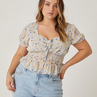 Curve Lace Up Chiffon Floral Top Plus Size Tops Blue XL -2020AVE