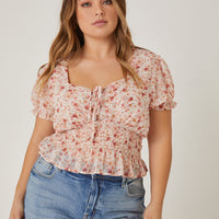 Curve Lace Up Chiffon Floral Top Plus Size Tops -2020AVE