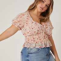 Curve Lace Up Chiffon Floral Top Plus Size Tops Pink XL -2020AVE