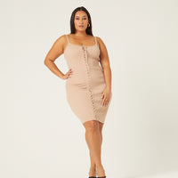 Curve Lace Up Tank Dress Plus Size Dresses Taupe 1XL -2020AVE
