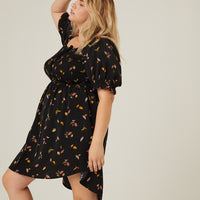 Curve Leaf Print Smocked Dress Plus Size Dresses Black 1XL -2020AVE
