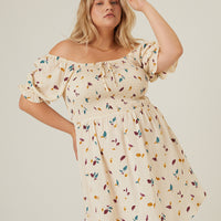 Curve Leaf Print Smocked Dress Plus Size Dresses Ivory 1XL -2020AVE