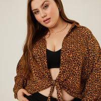 Curve Leopard Tie Front Top Plus Size Tops -2020AVE