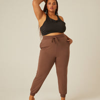 Curve Lightweight Stretch Knit Joggers Plus Size Bottoms Brown 1XL -2020AVE