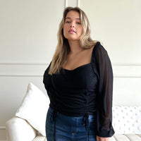 Curve Long Sleeve Double Ruched Top Plus Size Tops Black 1XL -2020AVE