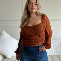Curve Long Sleeve Double Ruched Top Plus Size Tops Rust 1XL -2020AVE