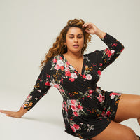 Curve Long Sleeve Floral Romper Plus Size Rompers + Jumpsuits -2020AVE