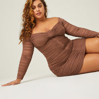 Curve Long Sleeve Mesh Ruched Dress Plus Size Dresses -2020AVE