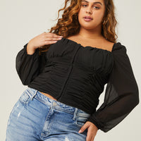 Curve Long Sleeve Mesh Ruched Top Plus Size Tops -2020AVE