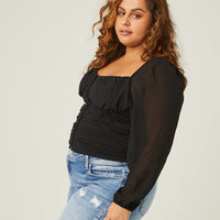 Curve Long Sleeve Mesh Ruched Top Plus Size Tops -2020AVE