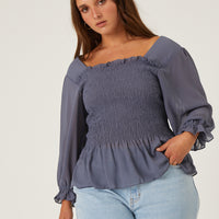 Curve Long Sleeve Smocked Top Plus Size Tops Blue 1XL -2020AVE