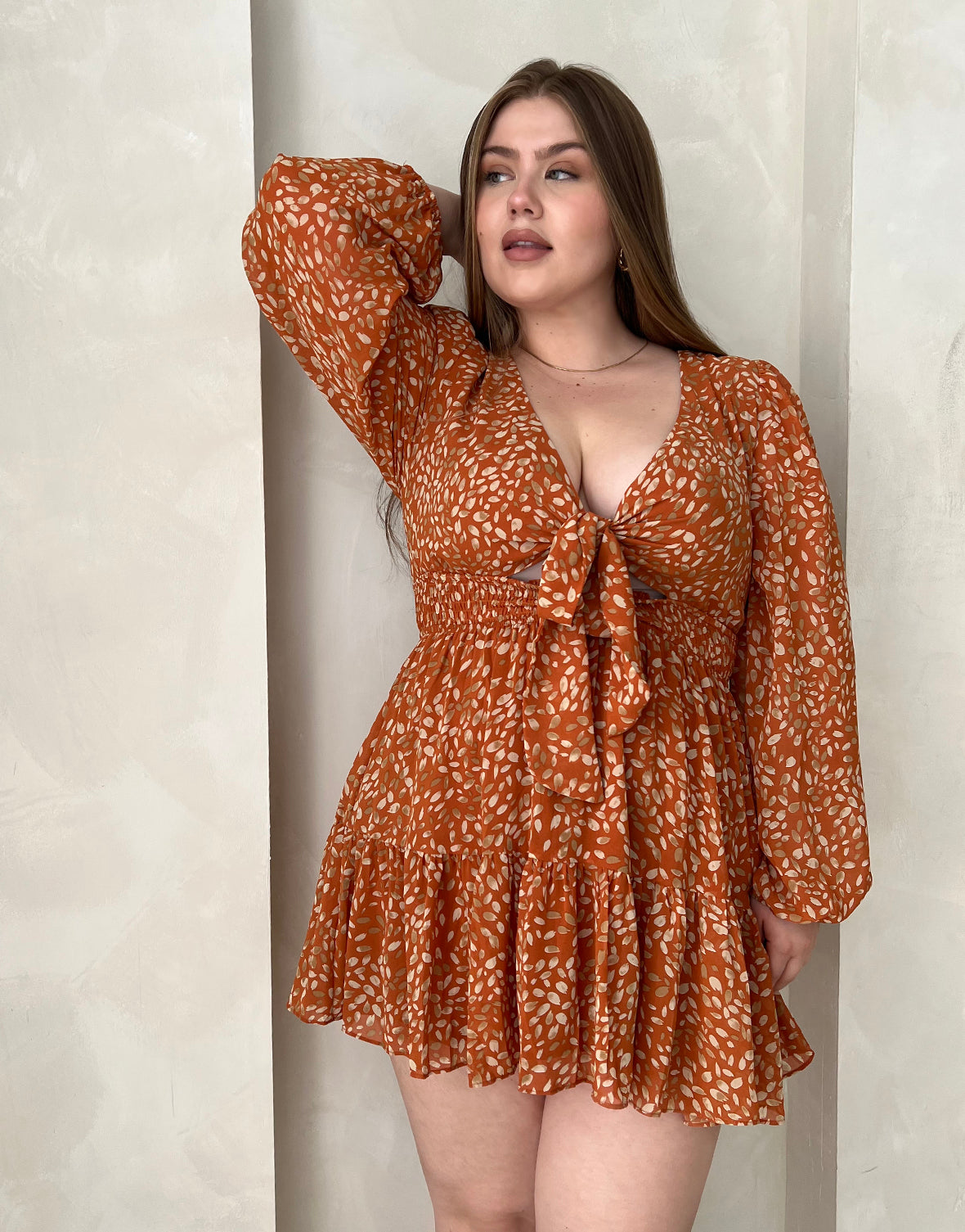 Plus Size Long Sleeve Tie Front Printed Dress 2020AVE Plus Size Long Sleeve Tie Front Printed Dress 2020AVE