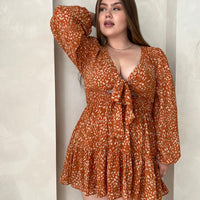 Curve Long Sleeve Tie Front Printed Dress Plus Size Dresses -2020AVE