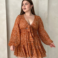 Curve Long Sleeve Tie Front Printed Dress Plus Size Dresses -2020AVE