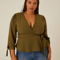 Curve Long Sleeve Woven Wrap Top Plus Size Tops Olive 1XL -2020AVE