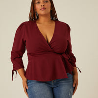 Curve Long Sleeve Woven Wrap Top Plus Size Tops Burgundy 1XL -2020AVE
