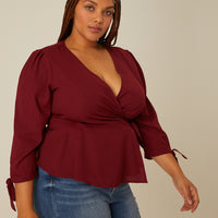 Curve Long Sleeve Woven Wrap Top Plus Size Tops -2020AVE
