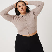Curve Zip Up Crop Top Plus Size Tops Tan 1XL -2020AVE