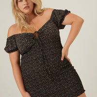 Curve Mini Florals Smocked Dress Plus Size Dresses Black 1XL -2020AVE