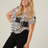 Curve Newspaper Mesh Tee Plus Size Tops -2020AVE