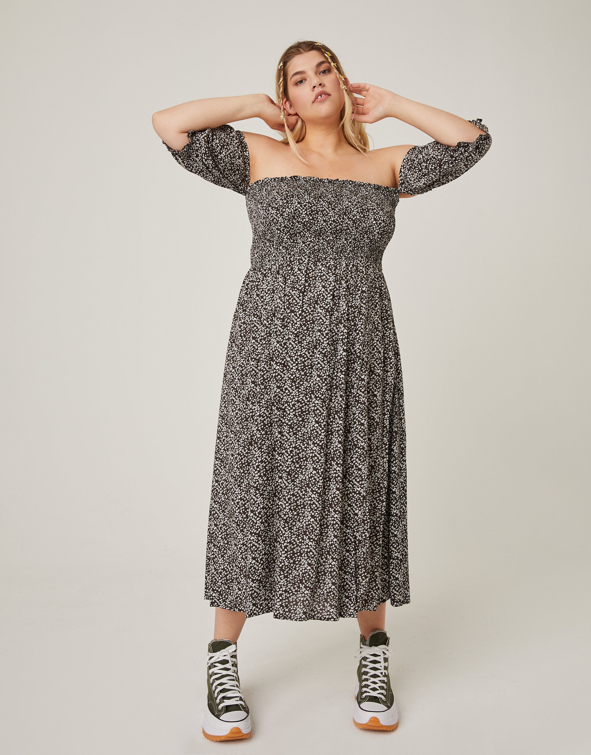 green emerald velvet dress Lovestitch Off Shoulder Dress Printed, Size Small Regular in Terracota /Blush Combo at Nordstrom main image 0