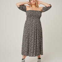 Curve Off Shoulder Ditsy Midi Dress Plus Size Dresses Dark Brown 1XL -2020AVE