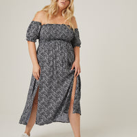 Curve Off Shoulder Ditsy Midi Dress Plus Size Dresses Navy 1XL -2020AVE
