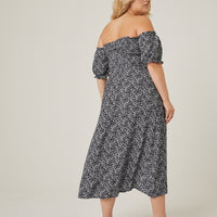 Curve Off Shoulder Ditsy Midi Dress Plus Size Dresses -2020AVE