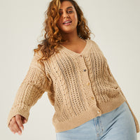 Curve Open Knit Button Cardigan Plus Size Outerwear Taupe 1XL -2020AVE