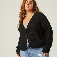 Curve Open Knit Button Cardigan Plus Size Outerwear Black 1XL -2020AVE