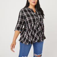 Curve Plaid Baby Doll Blouse Plus Size Tops -2020AVE