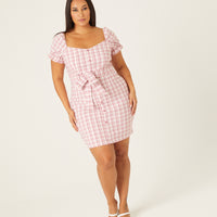 Curve Plaid Puff Sleeve Dress Plus Size Dresses Pink 1XL -2020AVE