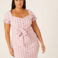 Curve Plaid Puff Sleeve Dress Plus Size Dresses -2020AVE