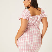 Curve Plaid Puff Sleeve Dress Plus Size Dresses -2020AVE