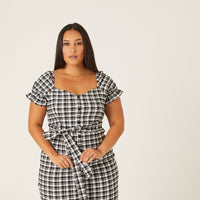 Curve Plaid Puff Sleeve Dress Plus Size Dresses Black 1XL -2020AVE