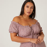 Curve Puff Sleeve Floral Dress Plus Size Dresses -2020AVE