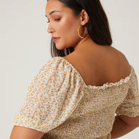 Curve Puff Sleeve Floral Top Plus Size Tops -2020AVE
