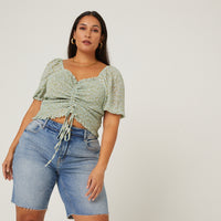 Curve Puff Sleeve Floral Top Plus Size Tops Sage 1XL -2020AVE