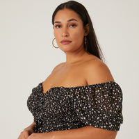 Curve Puff Sleeve Floral Top Plus Size Tops Black 1XL -2020AVE