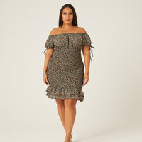 Curve Puff Sleeve Smocked Dress Plus Size Dresses Black 1XL -2020AVE