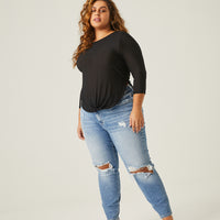 Curve Rib Knit 3/4 Top Plus Size Tops Black 1XL -2020AVE