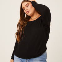 Curve Rib Knit Long Sleeve Top Plus Size Tops Black 1XL -2020AVE