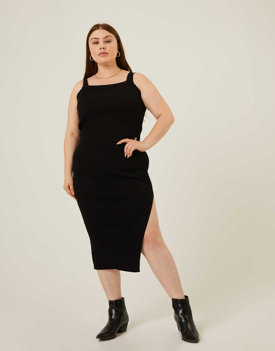 Curve Rib Knit Midi Skirt Plus Size Bottoms Black 1XL -2020AVE