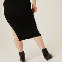 Curve Rib Knit Midi Skirt Plus Size Bottoms -2020AVE